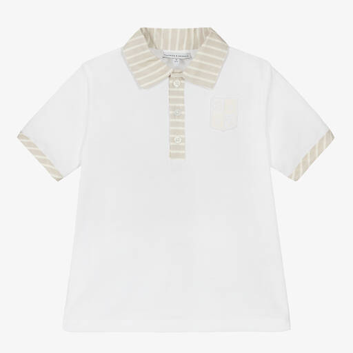 Beatrice & George-Boys White & Beige Cotton Polo Shirt | Childrensalon Outlet