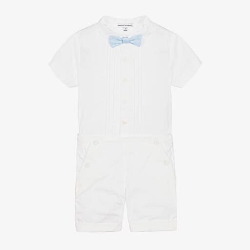 Beatrice & George-Boys White Cotton Buster Suit  | Childrensalon Outlet