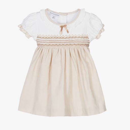 Beatrice & George-Girls Beige Hand-Smocked Cotton Dress  | Childrensalon Outlet