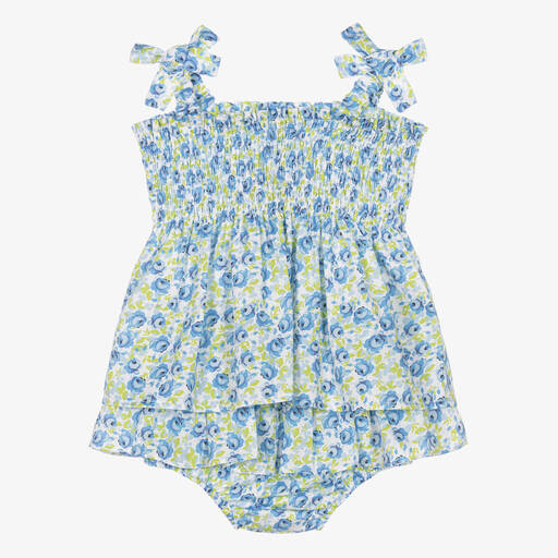 Beatrice & George-Girls Blue Cotton Floral Dress & Bloomers | Childrensalon Outlet