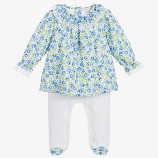 Beatrice & George-Girls Blue Floral Cotton Babygrow | Childrensalon Outlet
