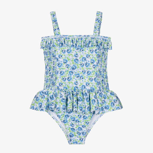 Beatrice & George-Girls Blue Floral Ruched Swimsuit (UPF50+) | Childrensalon Outlet