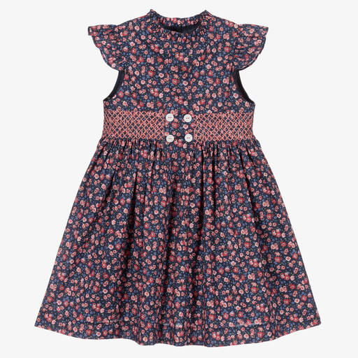 Beatrice & George-Girls Blue Floral Smocked Cotton Dress | Childrensalon Outlet