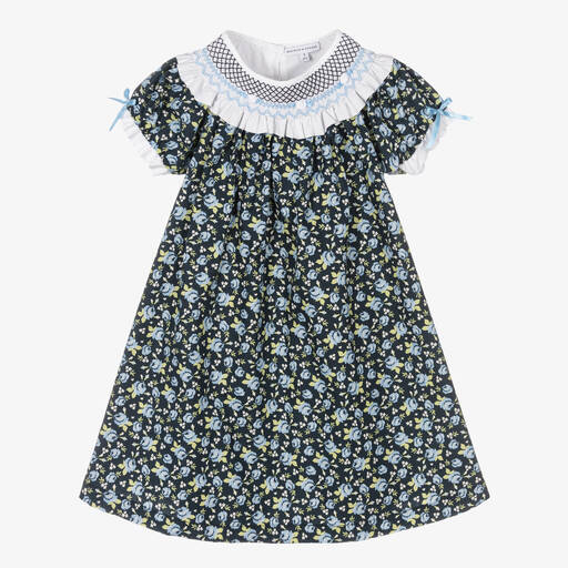 Beatrice & George-Girls Blue Floral Smocked Cotton Dress | Childrensalon Outlet
