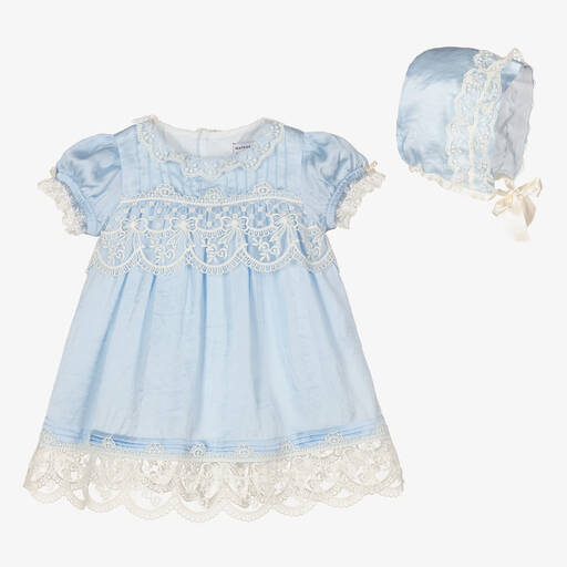 Beatrice & George-Girls Blue Satin & Lace Trim Dress Set | Childrensalon Outlet
