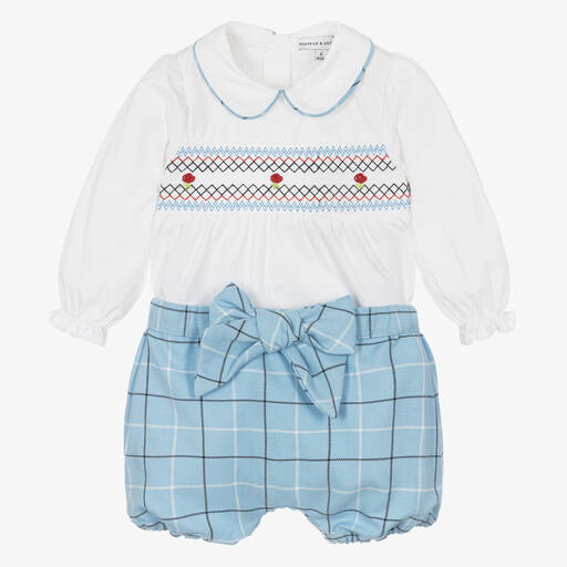 Beatrice & George-Girls Blue Smocked & Checked Shorts Set | Childrensalon Outlet