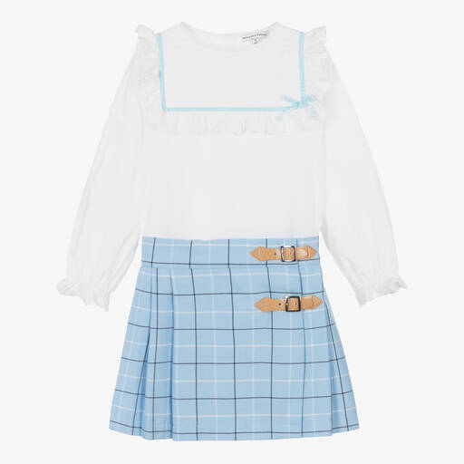 Beatrice & George-Белая блузка и голубая юбка-шотландка из вискозы | Childrensalon Outlet