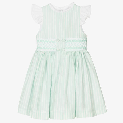 Beatrice & George-Girls Green Stripe Smocked Linen Dress | Childrensalon Outlet