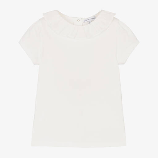 Beatrice & George-Girls Ivory Cotton T-Shirt With Ruffle Collar | Childrensalon Outlet