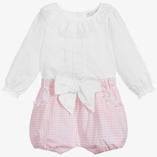 Beatrice & George-Girls Pink Gingham Seersucker Shorts Set | Childrensalon Outlet
