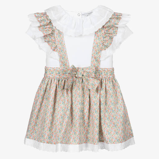 Beatrice & George-Girls Pink & Green Floral Cotton Skirt Set | Childrensalon Outlet