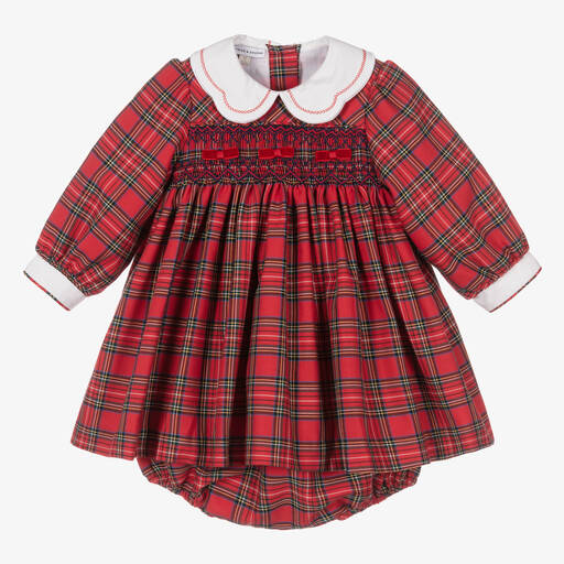 Beatrice & George-Girls Red Tartan Smocked Cotton Dress  | Childrensalon Outlet