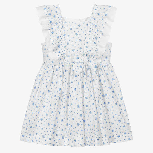 Beatrice & George-Girls White & Blue Cotton Ruffle Dress | Childrensalon Outlet