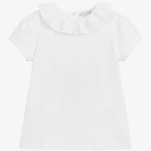 Beatrice & George-Girls White Cotton T-Shirt With Ruffle Collar | Childrensalon Outlet