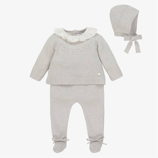 Beatrice & George-Grey Knitted Wool & Cashmere Babygrow Set | Childrensalon Outlet