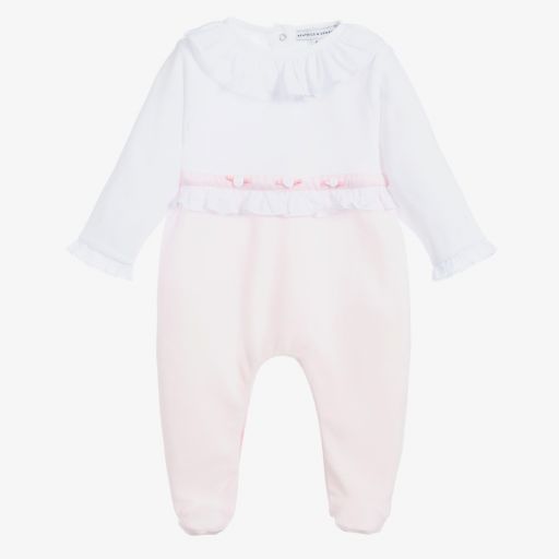 Beatrice & George-Pink & White Velour Babygrow | Childrensalon Outlet