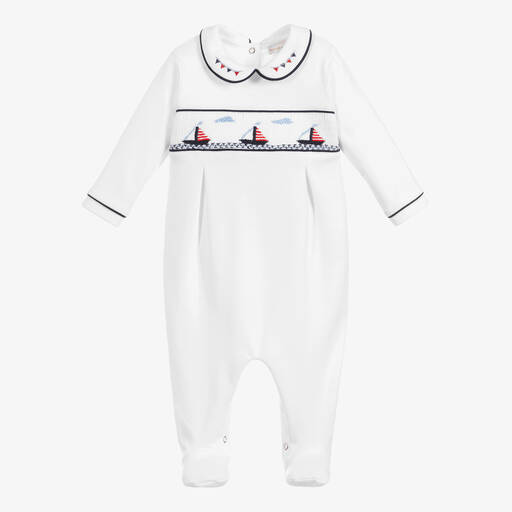 Beatrice & George-White Cotton Hand-Smocked Babygrow  | Childrensalon Outlet