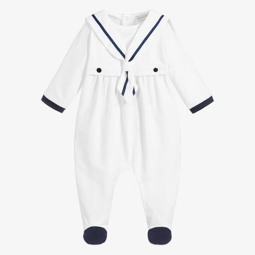 Beatrice & George-White Cotton Sailor Babygrow | Childrensalon Outlet