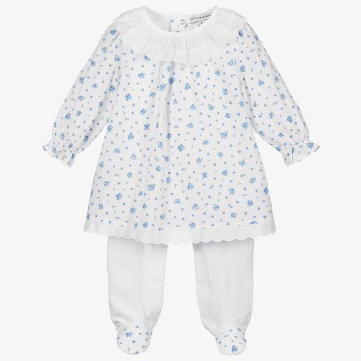 Beatrice & George-طقم بيبي غرو وفستان قطن لون أبيض وأزرق للمولودات | Childrensalon Outlet