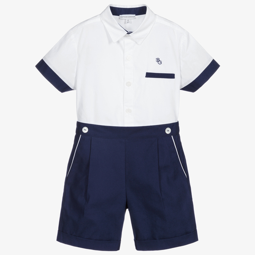 Beatrice & George-White & Navy Blue Shorts Set | Childrensalon Outlet