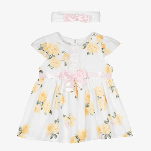 Beau KiD-طقم فستان قطن لون أصفر وأبيض للمولودات | Childrensalon Outlet
