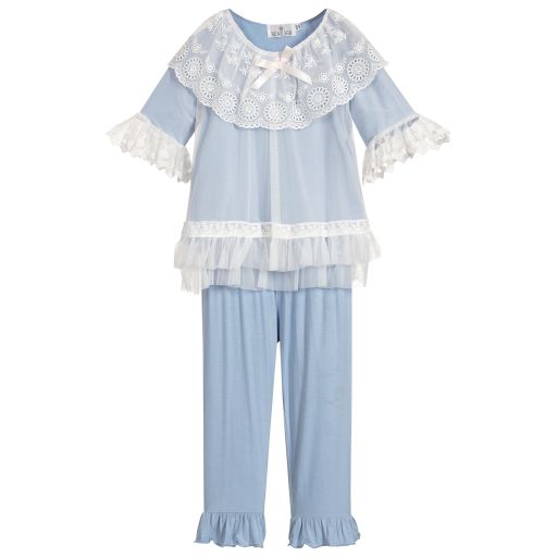 Beau KiD-Blue Jersey & Lace Pyjamas | Childrensalon Outlet