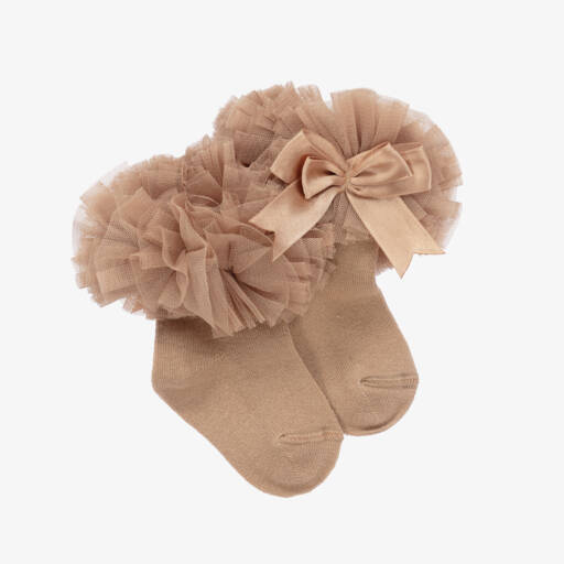 Beau KiD-Girls Beige Frilled Bow Socks | Childrensalon Outlet
