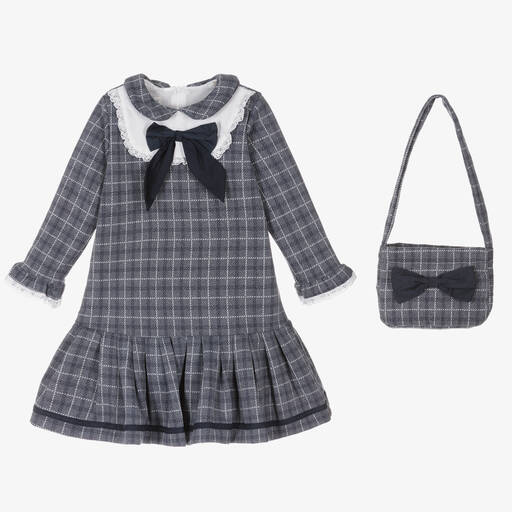 Beau KiD-Синее платье в клетку с бантом и сумка | Childrensalon Outlet