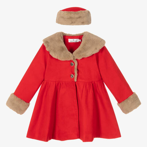 Beau KiD-معطف وقبعة بفرو صناعي لون أحمر للبنات | Childrensalon Outlet