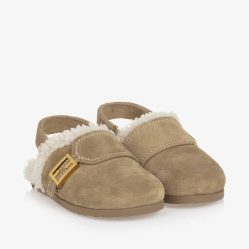 Fendi-Beige Suede Leather & Shearling Mules  | Childrensalon Outlet