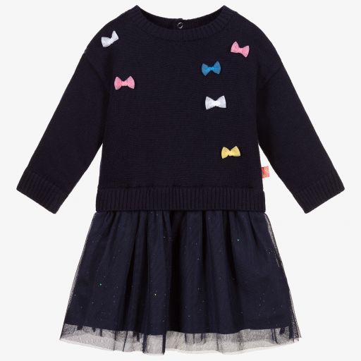 Billieblush-فستان قطن وفيسكوز محبوك وتول لون كحلي | Childrensalon Outlet