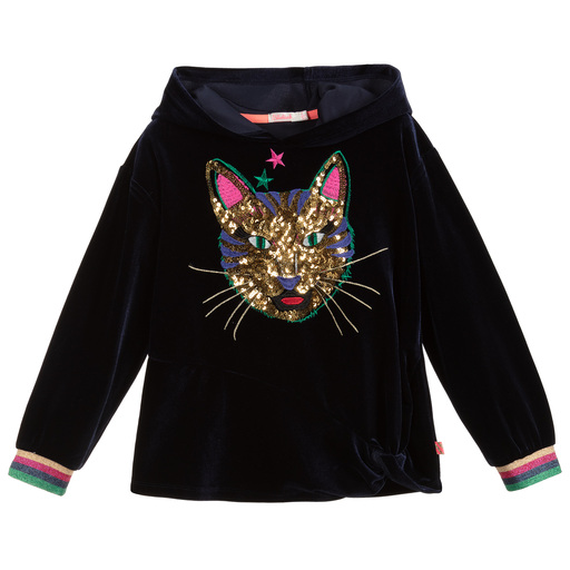 Billieblush-Blue Velour Sequin Cat Hoodie | Childrensalon Outlet