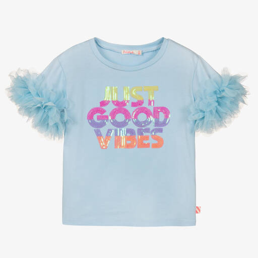 Billieblush-Blaues Good Vibes Baumwoll-T-Shirt | Childrensalon Outlet