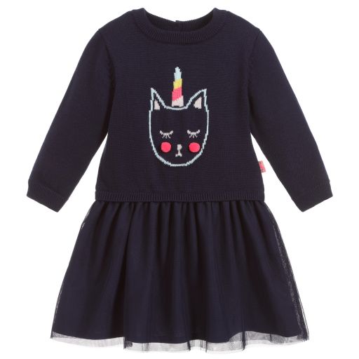Billieblush-فستان تريكو و تول لون كحلي | Childrensalon Outlet