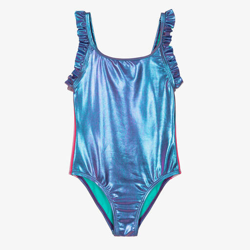 Billieblush-Girls Blue Metallic Logo Tape Swimsuit | Childrensalon Outlet