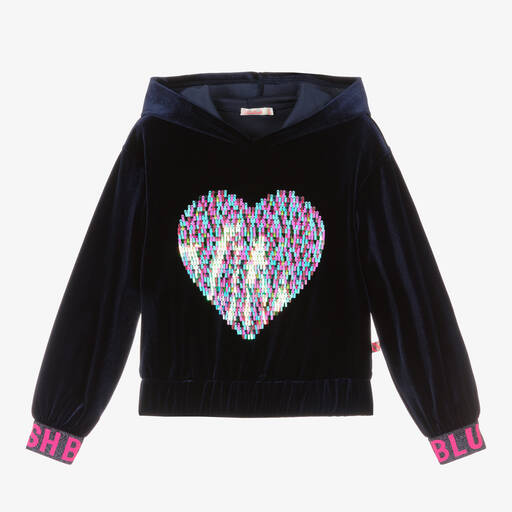 Billieblush-Girls Blue Velour Sequined Heart Hoodie | Childrensalon Outlet