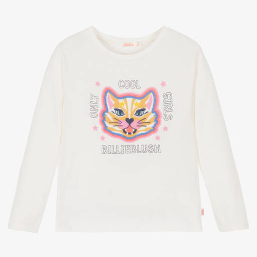 Billieblush-Girls Ivory Cat Cotton Top | Childrensalon Outlet