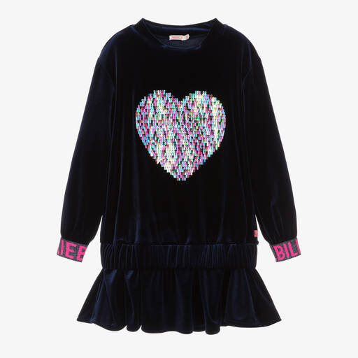 Billieblush-Girls Navy Blue Sequin Heart Velour Dress | Childrensalon Outlet