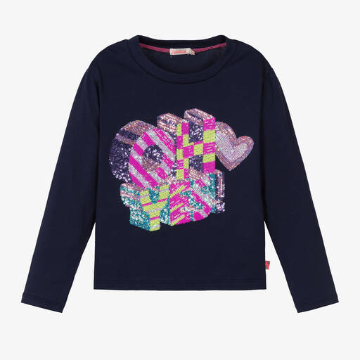 Billieblush-Girls Navy Blue Sequined Cotton Top | Childrensalon Outlet