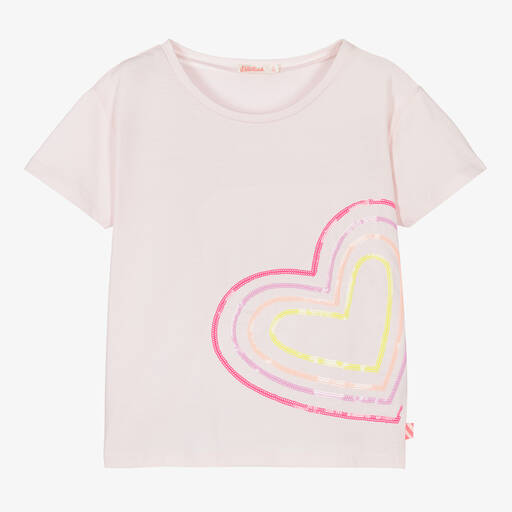 Billieblush-Girls Pink Cotton Sequin Heart T-Shirt | Childrensalon Outlet