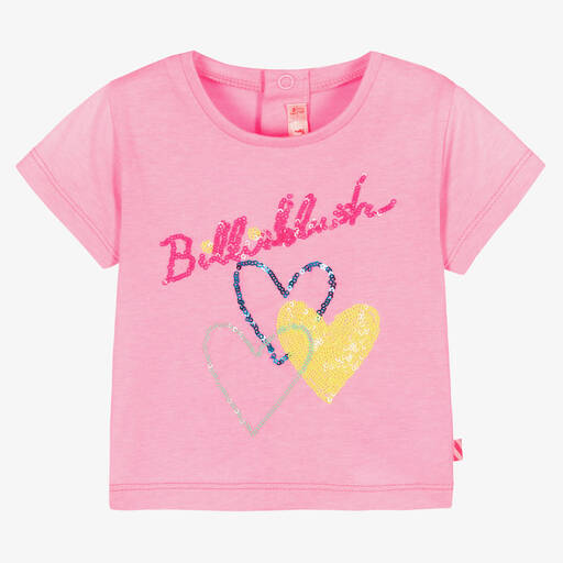 Billieblush-Girls Pink Cotton Sequin Heart T-Shirt | Childrensalon Outlet