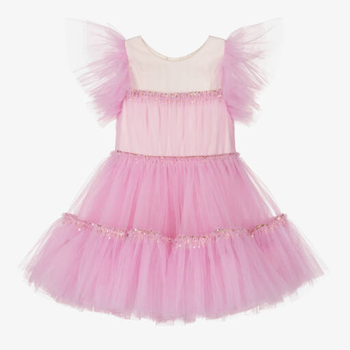 Billieblush-فستان تول مزين بكشكش لون زهري | Childrensalon Outlet