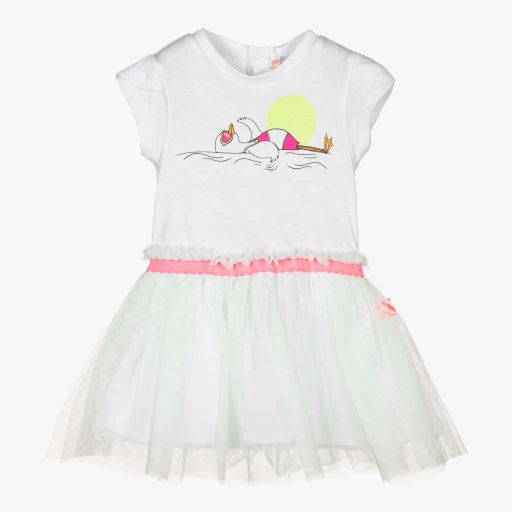 Billieblush-فستان قطن وتول لون أبيض وأخضر نعناعي | Childrensalon Outlet