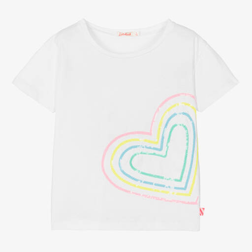 Billieblush-Girls White Sequin Heart Cotton T-Shirt | Childrensalon Outlet