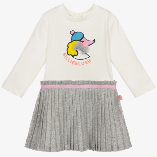 Billieblush-فستان قطن بطيات لون عاجي وفضي | Childrensalon Outlet