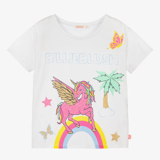 Billieblush-White Cotton Unicorn Logo T-Shirt | Childrensalon Outlet