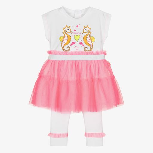 Billieblush-طقم ليغنغز قطن جيرسي لون زهري وأبيض للبنات | Childrensalon Outlet