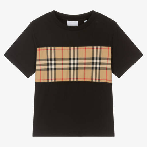 Burberry-Black Cotton Check T-Shirt | Childrensalon Outlet