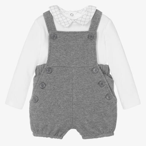 Boboli-Elfenbeinfarbenes und graues Latzhosen-Set für männliche Babys | Childrensalon Outlet