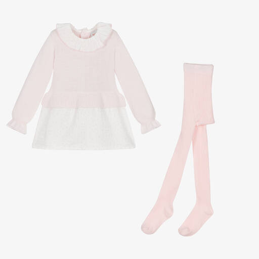 Boboli-Бело-розовое трикотажное платье и колготки | Childrensalon Outlet